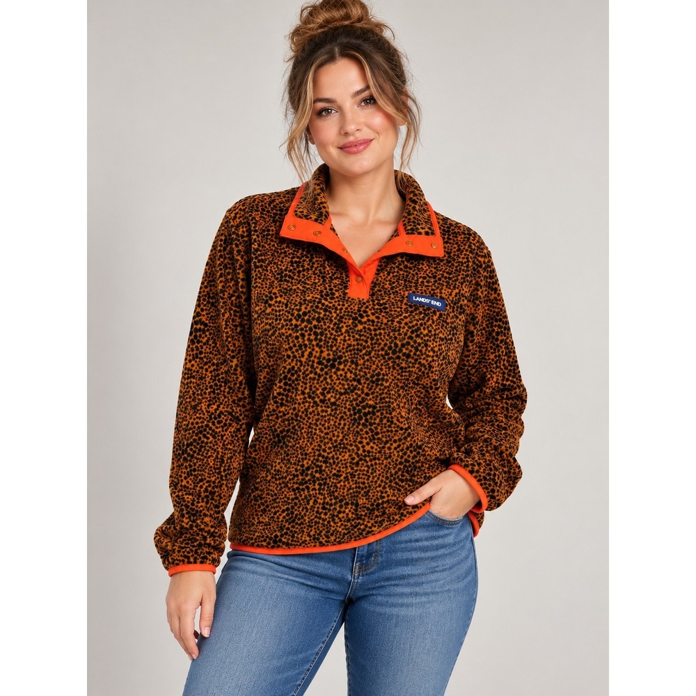 Lands' End Women's L 14-16 Leopard Print Fleece Pullover Snap Neck Orange Trim
